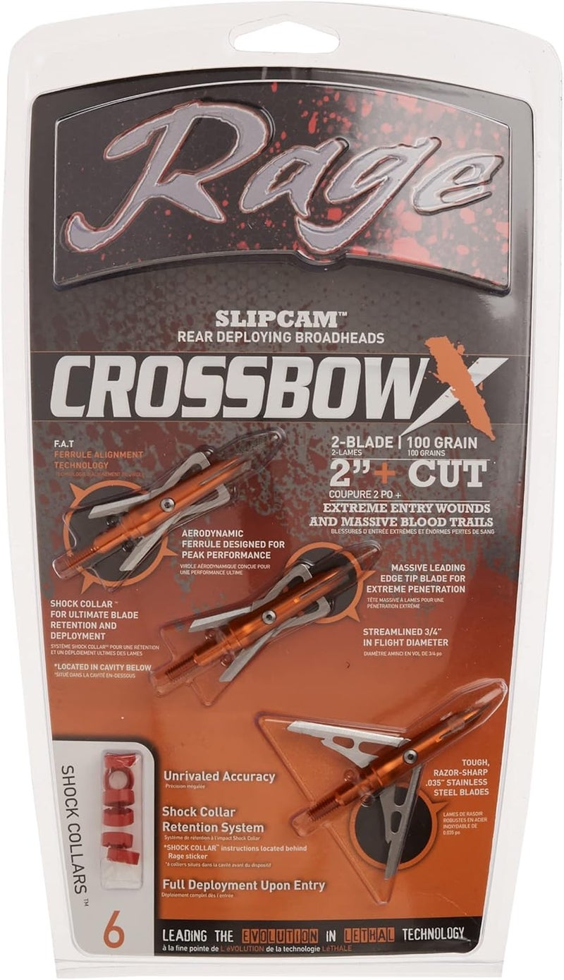 Rage Crossbow X, 2-Blade Archery Arrow Broadhead, 100 Grain with Shock Collar Technology (3-Pack) - Image 2